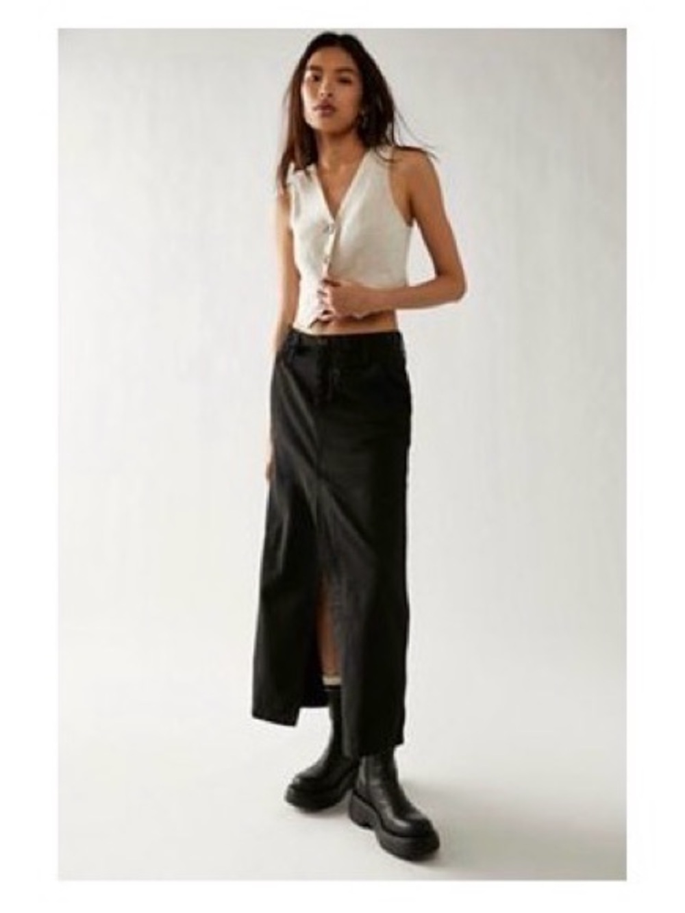 Free People Chino Black Maxi Skirt with Front Slit